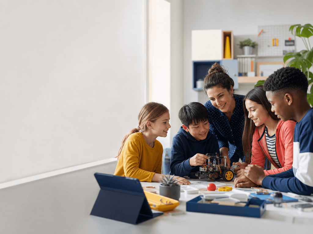 Children and a teacher collaborating on a hands-on learning project